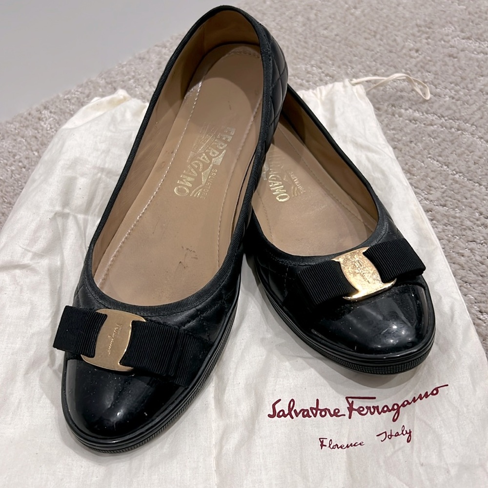 Salvatore Ferragamo Rufina Quilted Cap Toe Black Leather Sneaker Flats- size 8.5